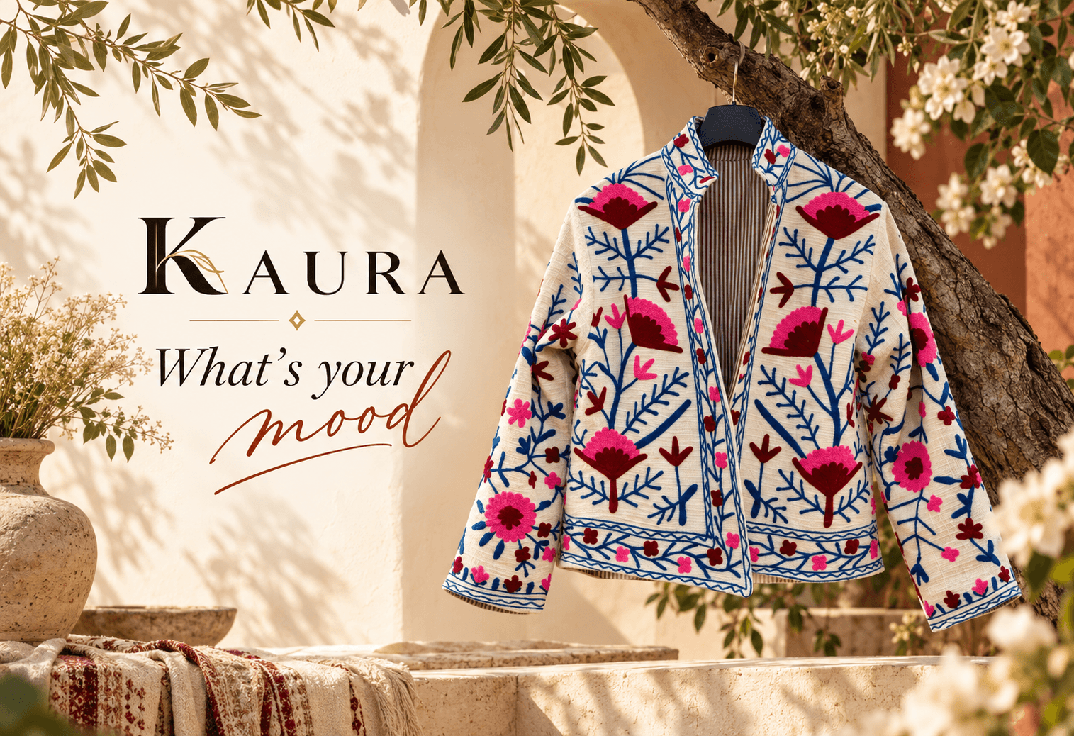 Hand-embroidered Kaura jacket displayed in our Jaipur atelier